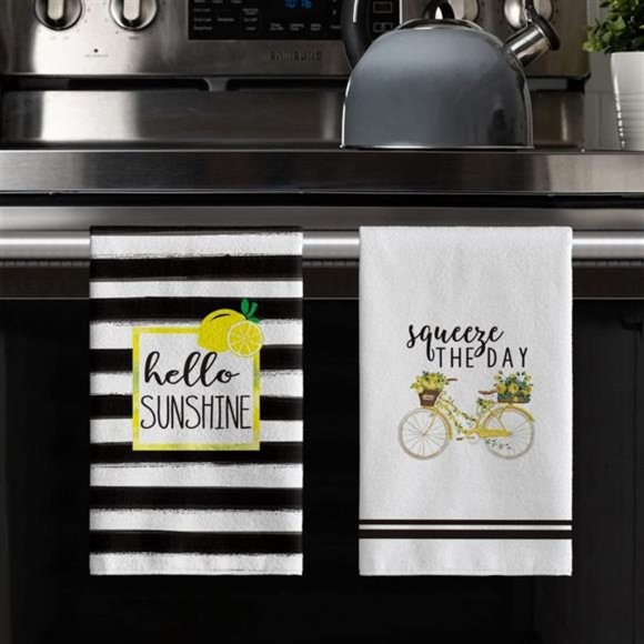 Set of 2 Watercolor Stripes Lemon Kitchen Dish Towels Squeeze The Day 18 x 26 in - Picture 6 of 7